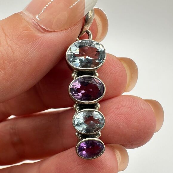 Stunning faceted, graduated oval cut Aquamarine and Amethyst, 925 pendant! - Picture 3 of 11